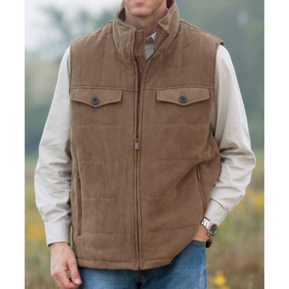 Rainforest Quilted Vest Brown Full Zip Mock Neck 6 Pocket Mens L Herringbone - Picture 1 of 9